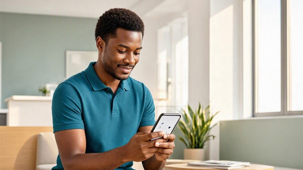 A Nigerian patient completing a survey on his phone after a clinic visit